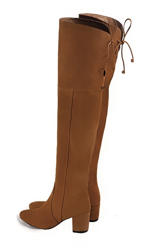 Caramel brown women's leather thigh-high boots. Round toe. Medium block heels. Made to measure. Rear view - Florence KOOIJMAN